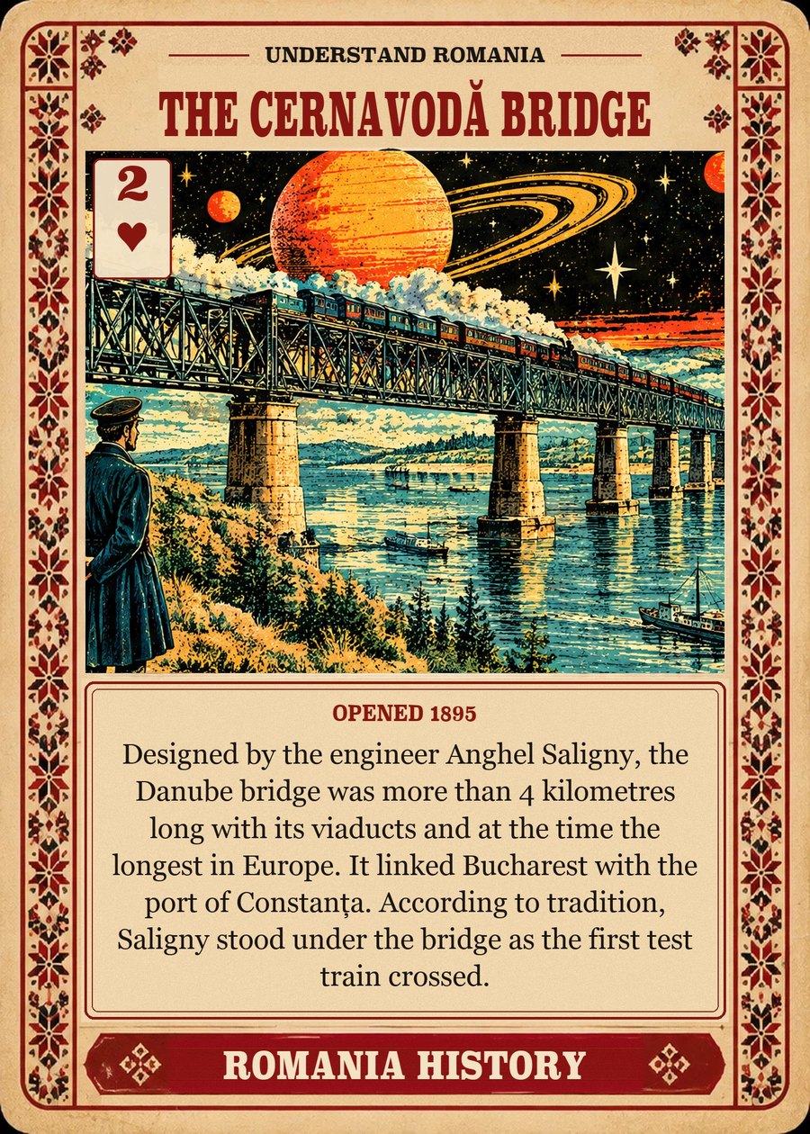 THE CERNAVODĂ BRIDGE — opened 1895. Designed by the engineer Anghel Saligny, the Danube bridge was more than 4 kilometres long with its viaducts and at the time the longest in Europe. It linked Bucharest with the port of Constanța. According to tradition, Saligny stood under the bridge as the first test train crossed.