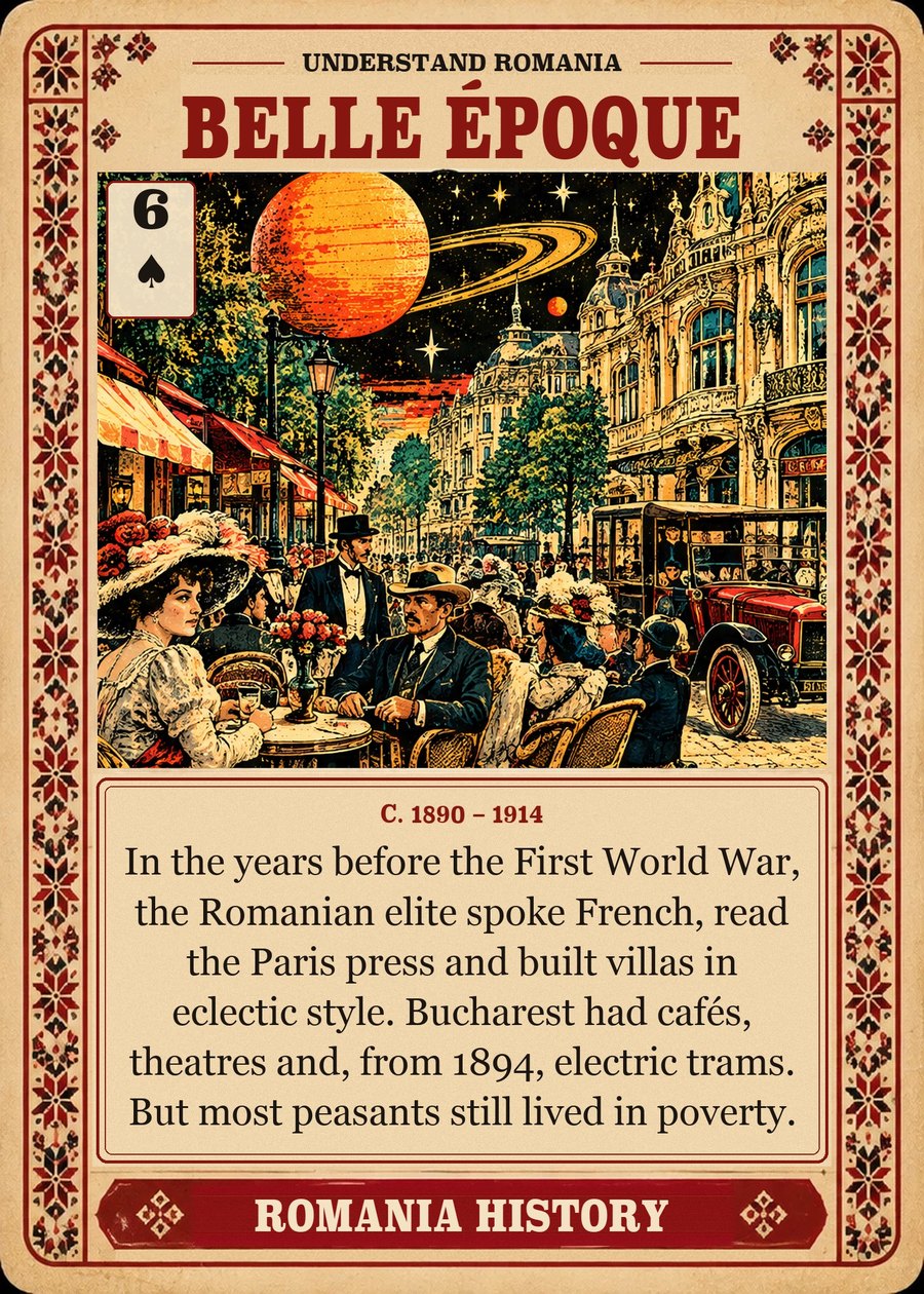 BELLE ÉPOQUE — c. 1890 – 1914. In the years before the First World War, the Romanian elite spoke French, read the Paris press and built villas in eclectic style. Bucharest had cafés, theatres and, from 1894, electric trams. But most peasants still lived in poverty.