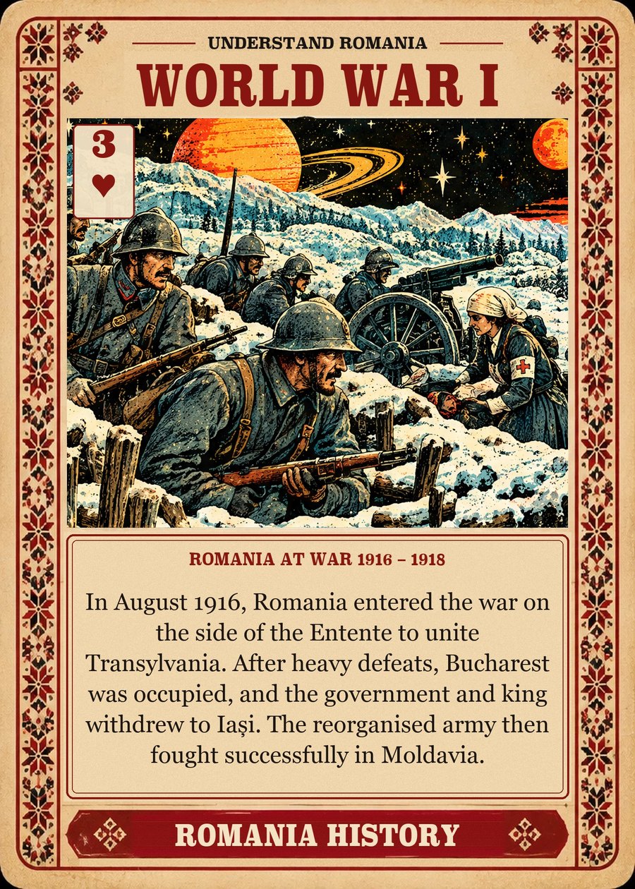 WORLD WAR I — Romania at war 1916 – 1918. In August 1916, Romania entered the war on the side of the Entente to unite Transylvania. After heavy defeats, Bucharest was occupied, and the government and king withdrew to Iași. The reorganised army then fought successfully in Moldavia.