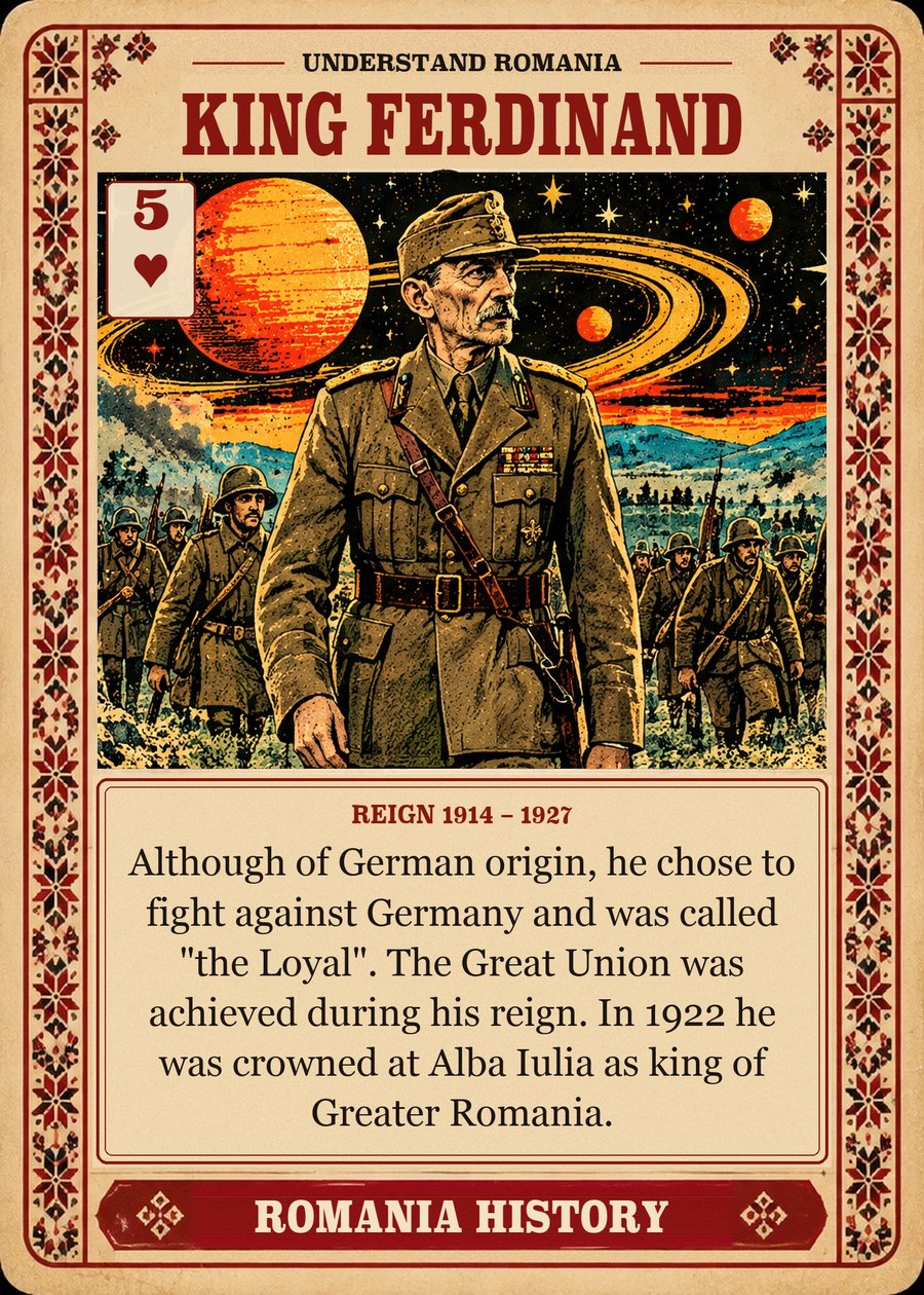 KING FERDINAND — reign 1914 – 1927. Although of German origin, he chose to fight against Germany and was called "the Loyal". The Great Union was achieved during his reign. In 1922 he was crowned at Alba Iulia as king of Greater Romania.