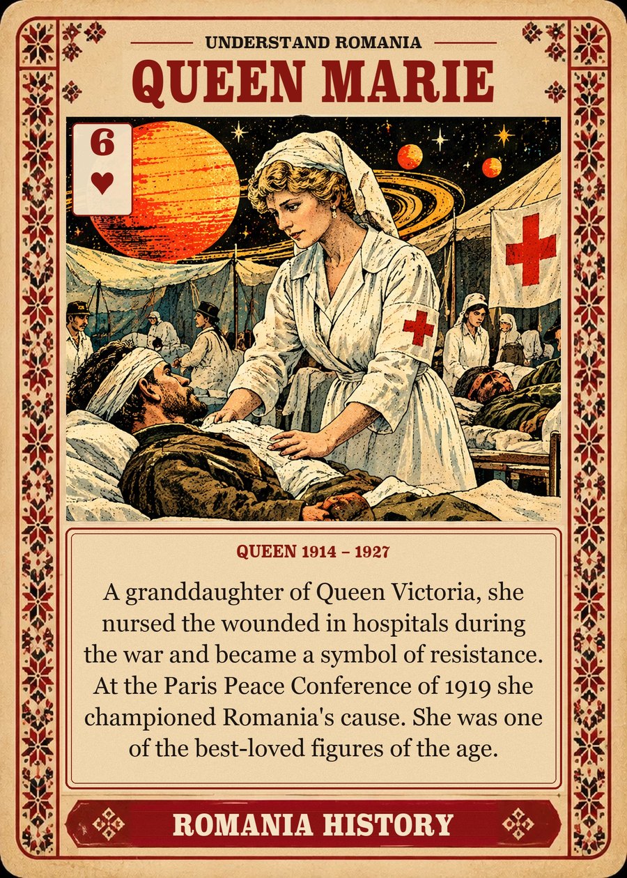 QUEEN MARIE — queen 1914 – 1927. A granddaughter of Queen Victoria, she nursed the wounded in hospitals during the war and became a symbol of resistance. At the Paris Peace Conference of 1919 she championed Romania's cause. She was one of the best-loved figures of the age.