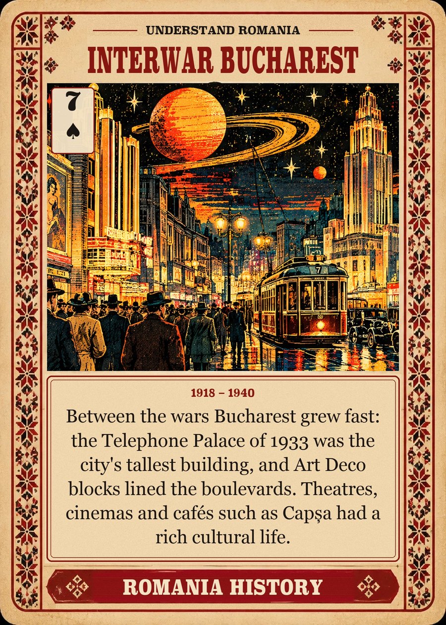 INTERWAR BUCHAREST — 1918 – 1940. Between the wars Bucharest grew fast: the Telephone Palace of 1933 was the city's tallest building, and Art Deco blocks lined the boulevards. Theatres, cinemas and cafés such as Capșa had a rich cultural life.