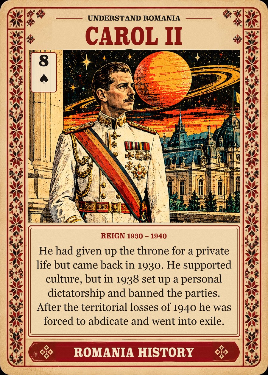 CAROL II — reign 1930 – 1940. He had given up the throne for a private life but came back in 1930. He supported culture, but in 1938 set up a personal dictatorship and banned the parties. After the territorial losses of 1940 he was forced to abdicate and went into exile.