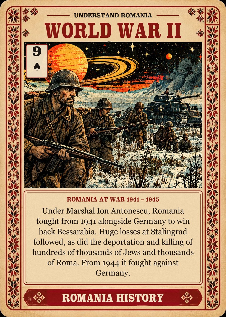 WORLD WAR II — Romania at war 1941 – 1945. Under Marshal Ion Antonescu, Romania fought from 1941 alongside Germany to win back Bessarabia. Huge losses at Stalingrad followed, as did the deportation and killing of hundreds of thousands of Jews and thousands of Roma. From 1944 it fought against Germany.