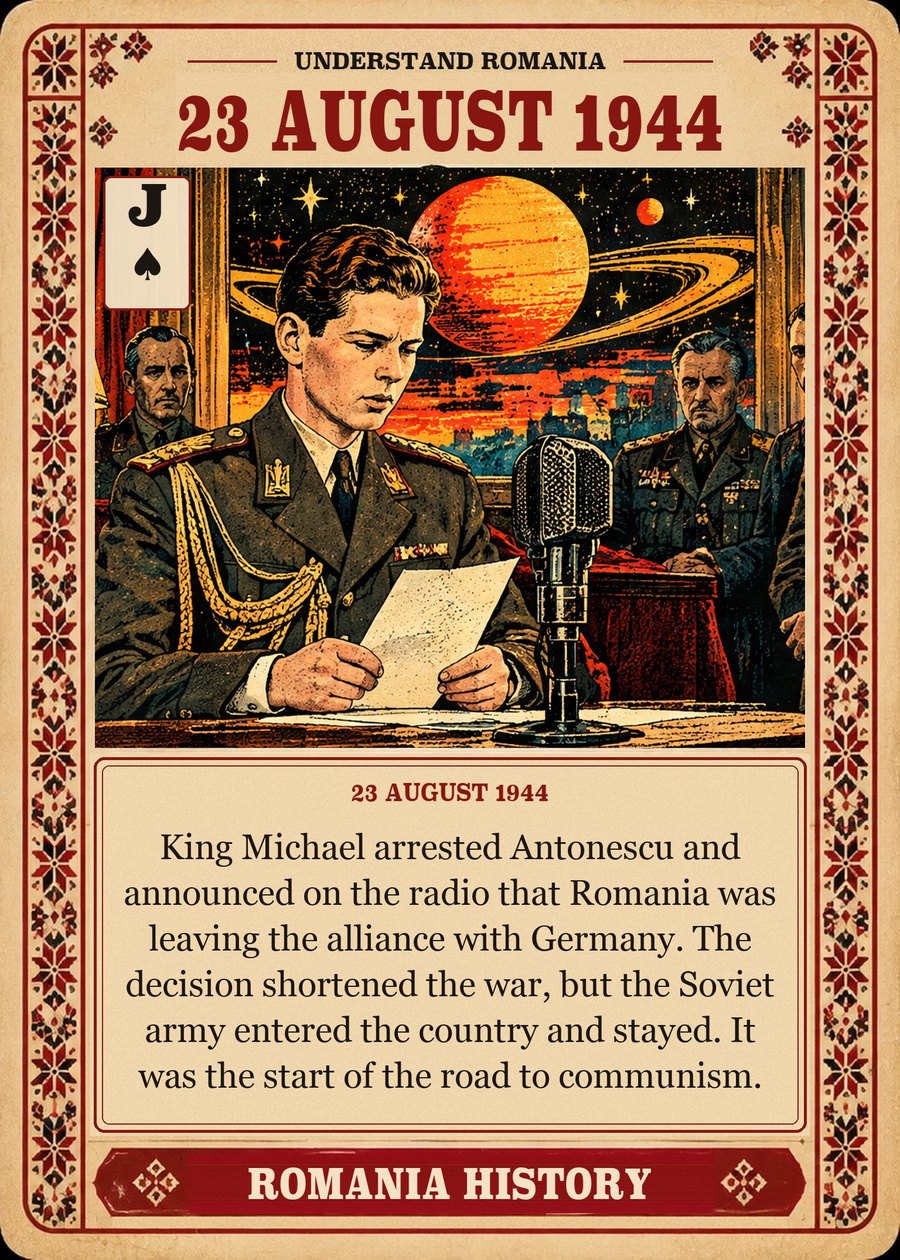 23 AUGUST 1944 — 23 August 1944. King Michael arrested Antonescu and announced on the radio that Romania was leaving the alliance with Germany. The decision shortened the war, but the Soviet army entered the country and stayed. It was the start of the road to communism.