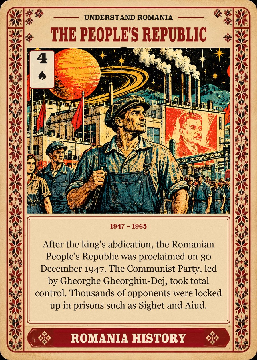 THE PEOPLE'S REPUBLIC — 1947 – 1965. After the king's abdication, the Romanian People's Republic was proclaimed on 30 December 1947. The Communist Party, led by Gheorghe Gheorghiu-Dej, took total control. Thousands of opponents were locked up in prisons such as Sighet and Aiud.