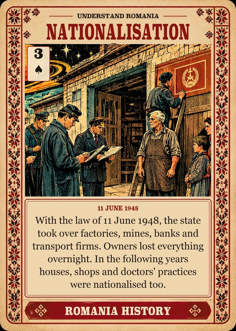 NATIONALISATION — 11 June 1948. With the law of 11 June 1948, the state took over factories, mines, banks and transport firms. Owners lost everything overnight. In the following years houses, shops and doctors' practices were nationalised too.