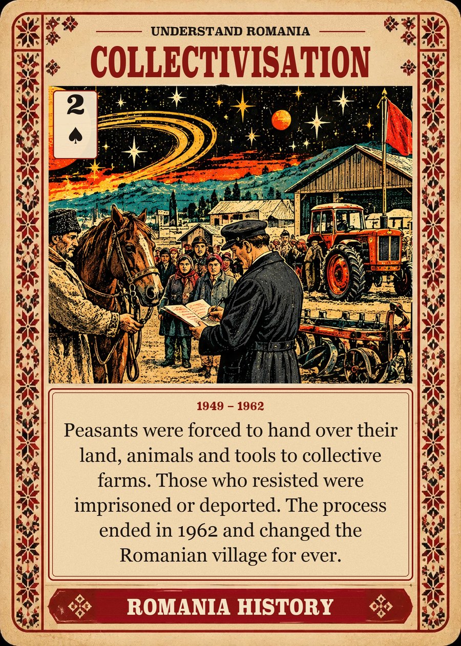 COLLECTIVISATION — 1949 – 1962. Peasants were forced to hand over their land, animals and tools to collective farms. Those who resisted were imprisoned or deported. The process ended in 1962 and changed the Romanian village for ever.