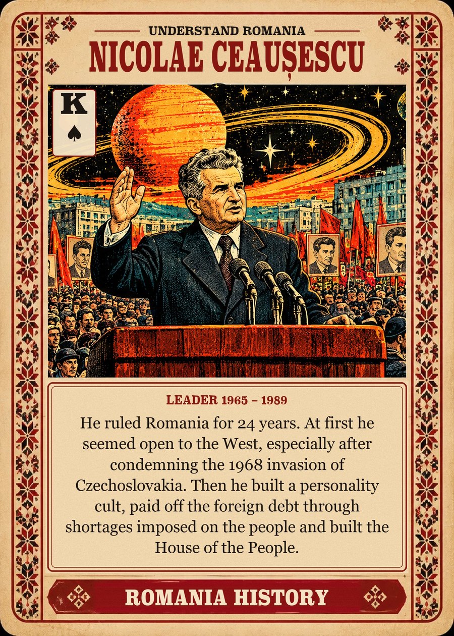 NICOLAE CEAUȘESCU — leader 1965 – 1989. He ruled Romania for 24 years. At first he seemed open to the West, especially after condemning the 1968 invasion of Czechoslovakia. Then he built a personality cult, paid off the foreign debt through shortages imposed on the people and built the House of the People.