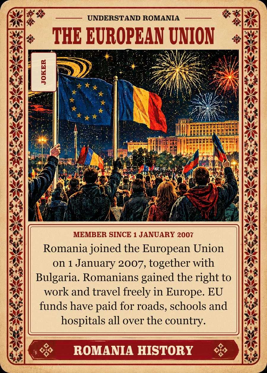 THE EUROPEAN UNION — member since 1 January 2007. Romania joined the European Union on 1 January 2007, together with Bulgaria. Romanians gained the right to work and travel freely in Europe. EU funds have paid for roads, schools and hospitals all over the country.
