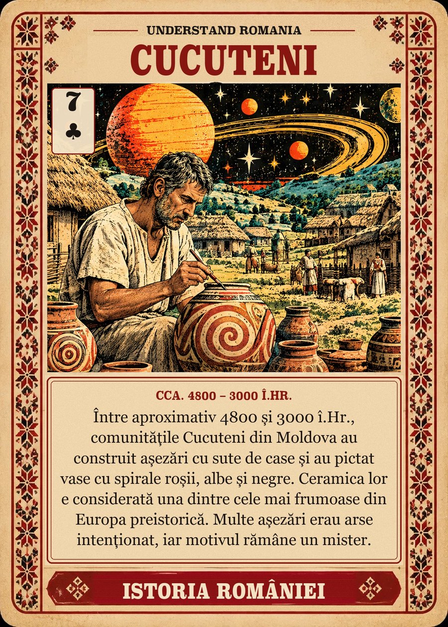 CUCUTENI — cca. 4800 – 3000 î.Hr. Între aproximativ 4800 și 3000 î.Hr., comunitățile Cucuteni din Moldova au construit așezări cu sute de case și au pictat vase cu spirale roșii, albe și negre. Ceramica lor e considerată una dintre cele mai frumoase din Europa preistorică. Multe așezări erau arse intenționat, iar motivul rămâne un mister.