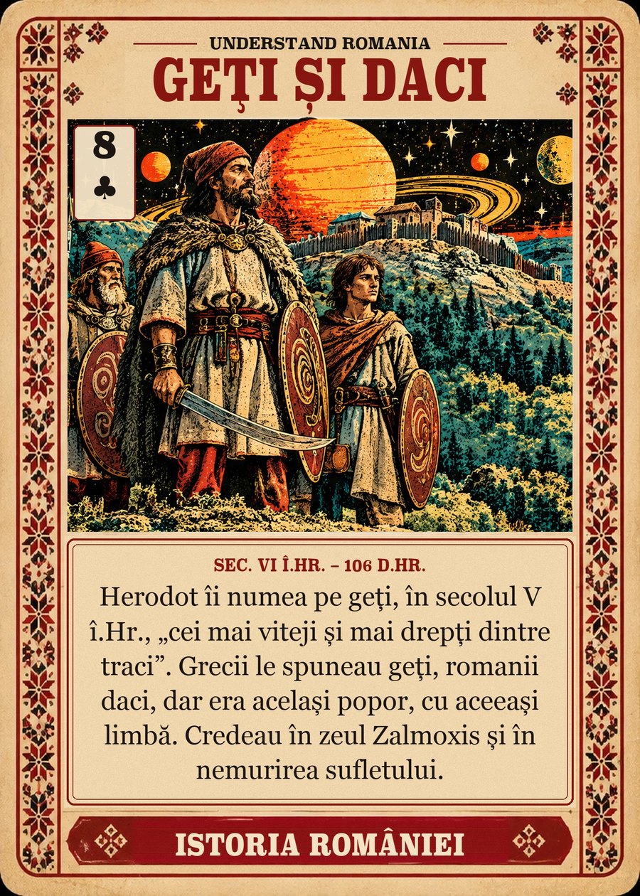 GEȚI ȘI DACI — sec. VI î.Hr. – 106 d.Hr. Herodot îi numea pe geți, în secolul V î.Hr., „cei mai viteji și mai drepți dintre traci”. Grecii le spuneau geți, romanii daci, dar era același popor, cu aceeași limbă. Credeau în zeul Zalmoxis și în nemurirea sufletului.