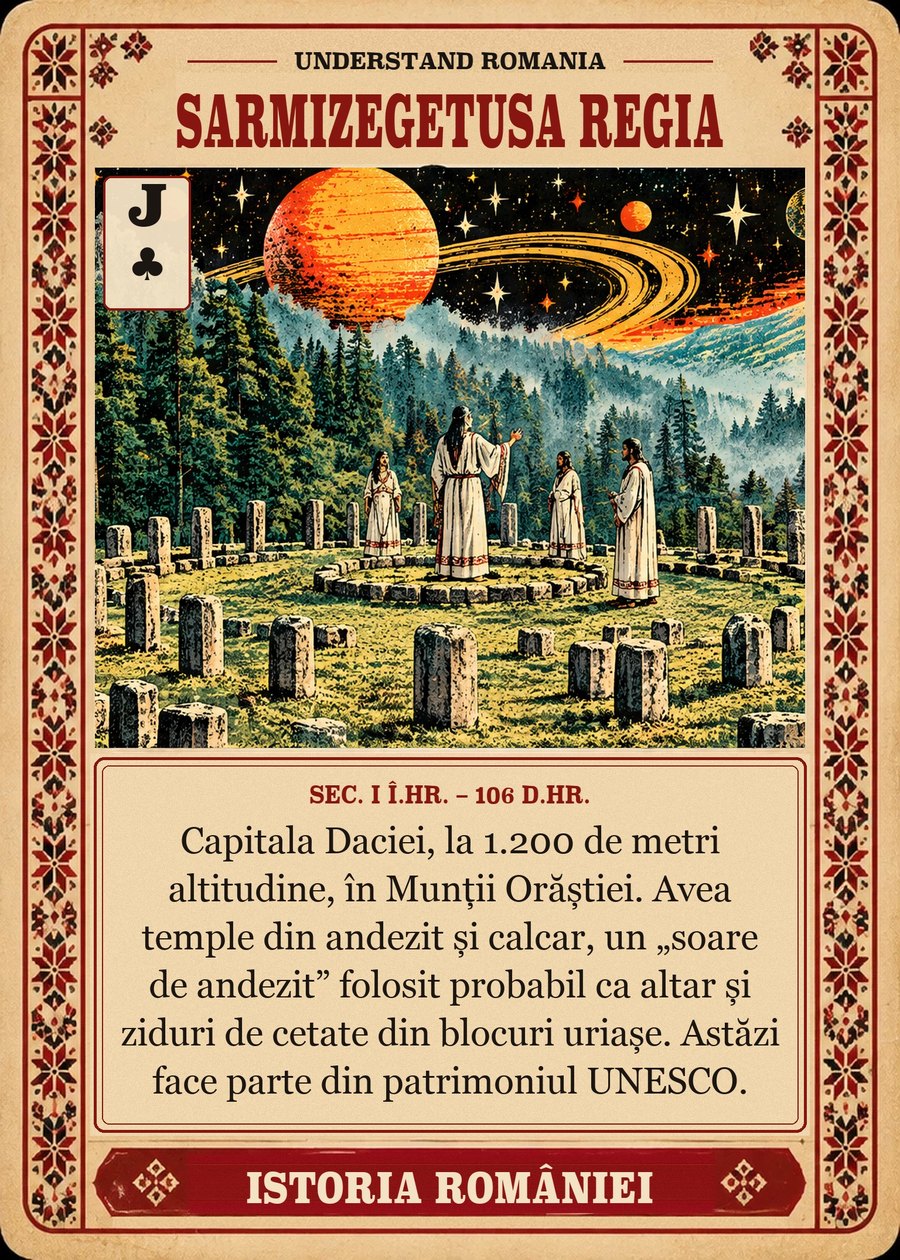 SARMIZEGETUSA REGIA — sec. I î.Hr. – 106 d.Hr. Capitala Daciei, la 1.200 de metri altitudine, în Munții Orăștiei. Avea temple din andezit și calcar, un „soare de andezit” folosit probabil ca altar și ziduri de cetate din blocuri uriașe. Astăzi face parte din patrimoniul UNESCO.