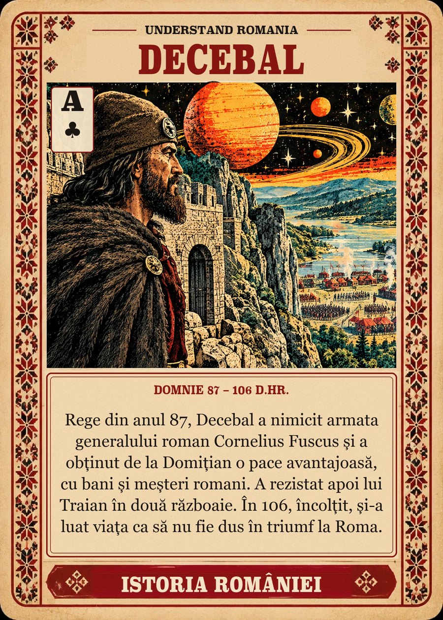DECEBAL — domnie 87 – 106 d.Hr. Rege din anul 87, Decebal a nimicit armata generalului roman Cornelius Fuscus și a obținut de la Domițian o pace avantajoasă, cu bani și meșteri romani. A rezistat apoi lui Traian în două războaie. În 106, încolțit, și-a luat viața ca să nu fie dus în triumf la Roma.