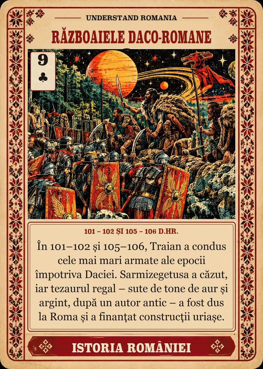 RĂZBOAIELE DACO-ROMANE — 101 – 102 și 105 – 106 d.Hr. În 101–102 și 105–106, Traian a condus cele mai mari armate ale epocii împotriva Daciei. Sarmizegetusa a căzut, iar tezaurul regal – sute de tone de aur și argint, după un autor antic – a fost dus la Roma și a finanțat construcții uriașe.