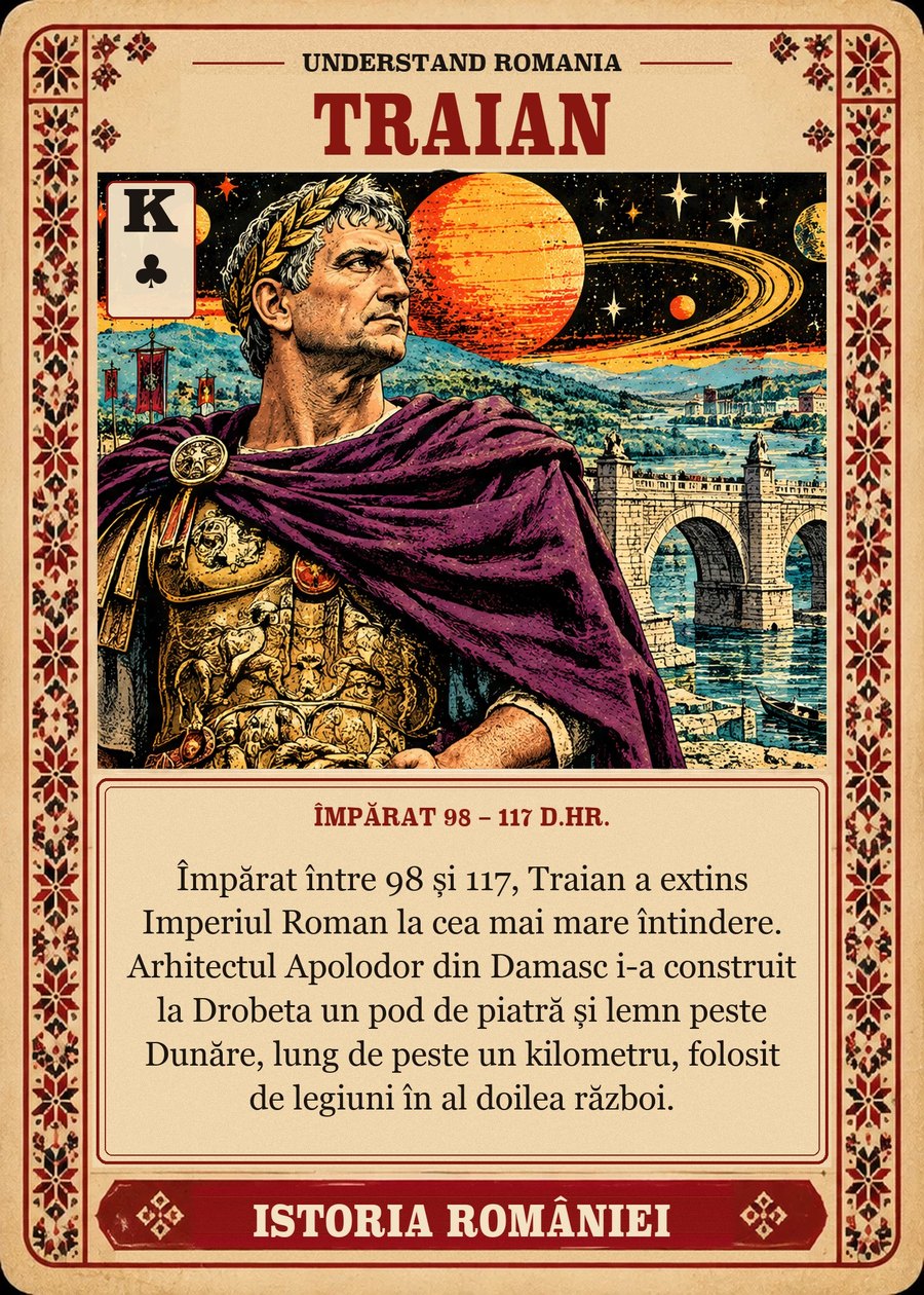 TRAIAN — împărat 98 – 117 d.Hr. Împărat între 98 și 117, Traian a extins Imperiul Roman la cea mai mare întindere. Arhitectul Apolodor din Damasc i-a construit la Drobeta un pod de piatră și lemn peste Dunăre, lung de peste un kilometru, folosit de legiuni în al doilea război.
