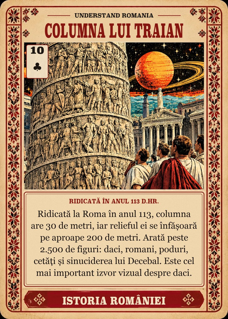 COLUMNA LUI TRAIAN — ridicată în anul 113 d.Hr. Ridicată la Roma în anul 113, columna are 30 de metri, iar relieful ei se înfășoară pe aproape 200 de metri. Arată peste 2.500 de figuri: daci, romani, poduri, cetăți și sinuciderea lui Decebal. Este cel mai important izvor vizual despre daci.