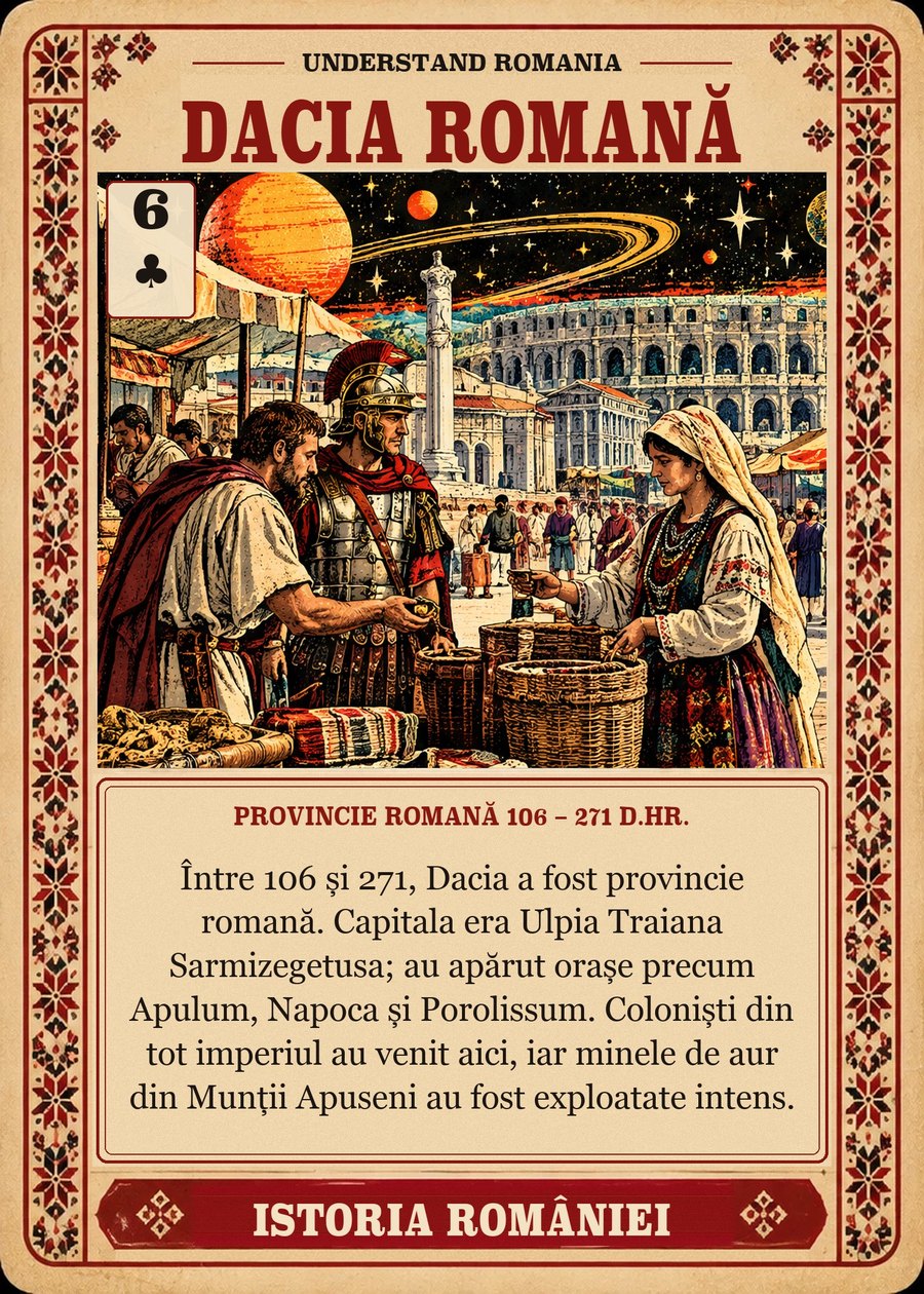DACIA ROMANĂ — provincie romană 106 – 271 d.Hr. Între 106 și 271, Dacia a fost provincie romană. Capitala era Ulpia Traiana Sarmizegetusa; au apărut orașe precum Apulum, Napoca și Porolissum. Coloniști din tot imperiul au venit aici, iar minele de aur din Munții Apuseni au fost exploatate intens.