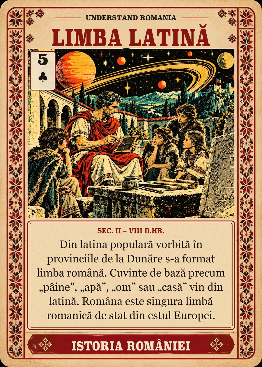 LIMBA LATINĂ — sec. II – VIII d.Hr. Din latina populară vorbită în provinciile de la Dunăre s-a format limba română. Cuvinte de bază precum „pâine”, „apă”, „om” sau „casă” vin din latină. Româna este singura limbă romanică de stat din estul Europei.