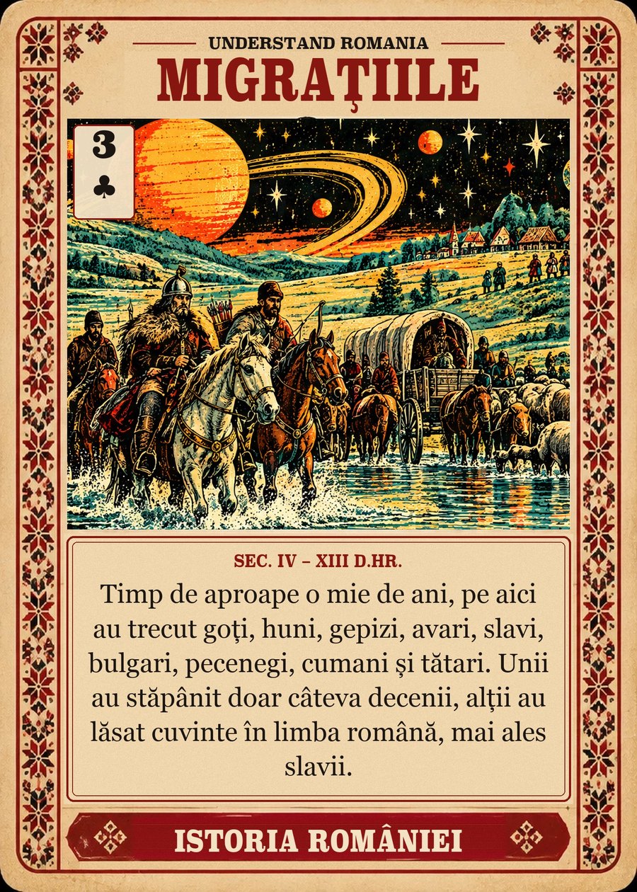 MIGRAȚIILE — sec. IV – XIII d.Hr. Timp de aproape o mie de ani, pe aici au trecut goți, huni, gepizi, avari, slavi, bulgari, pecenegi, cumani și tătari. Unii au stăpânit doar câteva decenii, alții au lăsat cuvinte în limba română, mai ales slavii.
