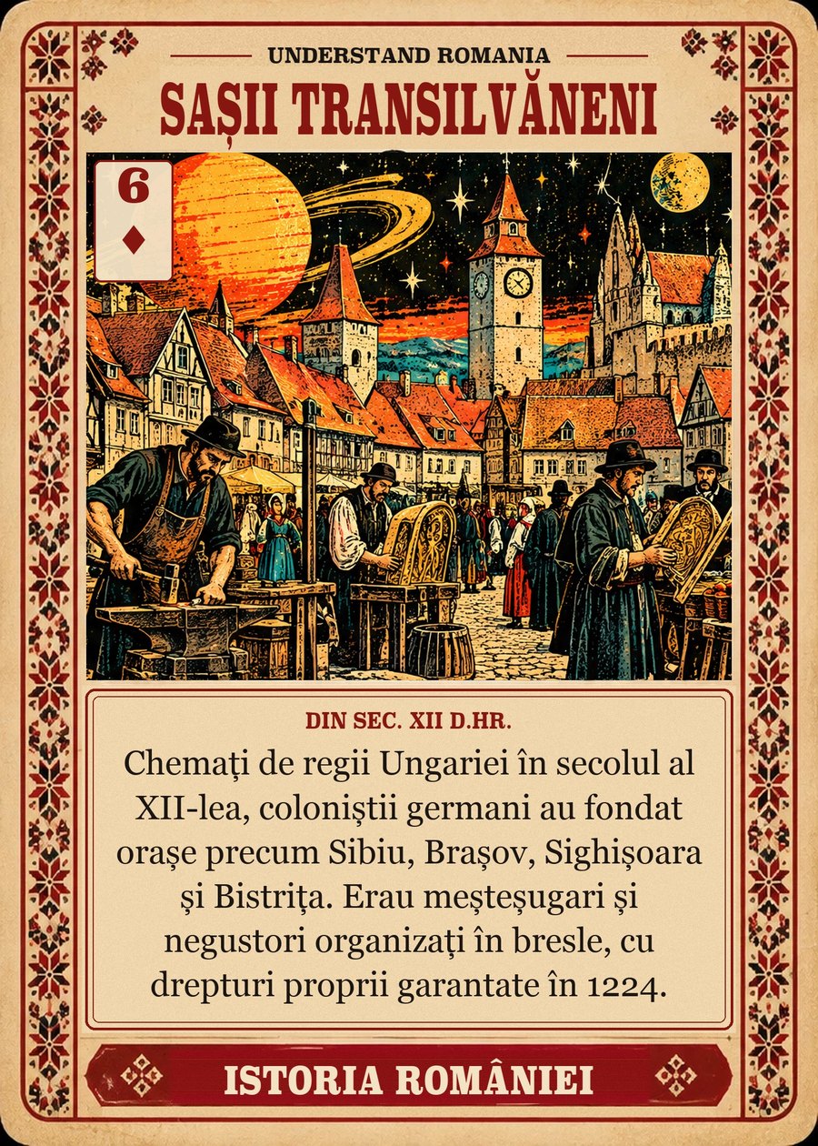 SAȘII TRANSILVĂNENI — din sec. XII d.Hr. Chemați de regii Ungariei în secolul al XII-lea, coloniștii germani au fondat orașe precum Sibiu, Brașov, Sighișoara și Bistrița. Erau meșteșugari și negustori organizați în bresle, cu drepturi proprii garantate în 1224.