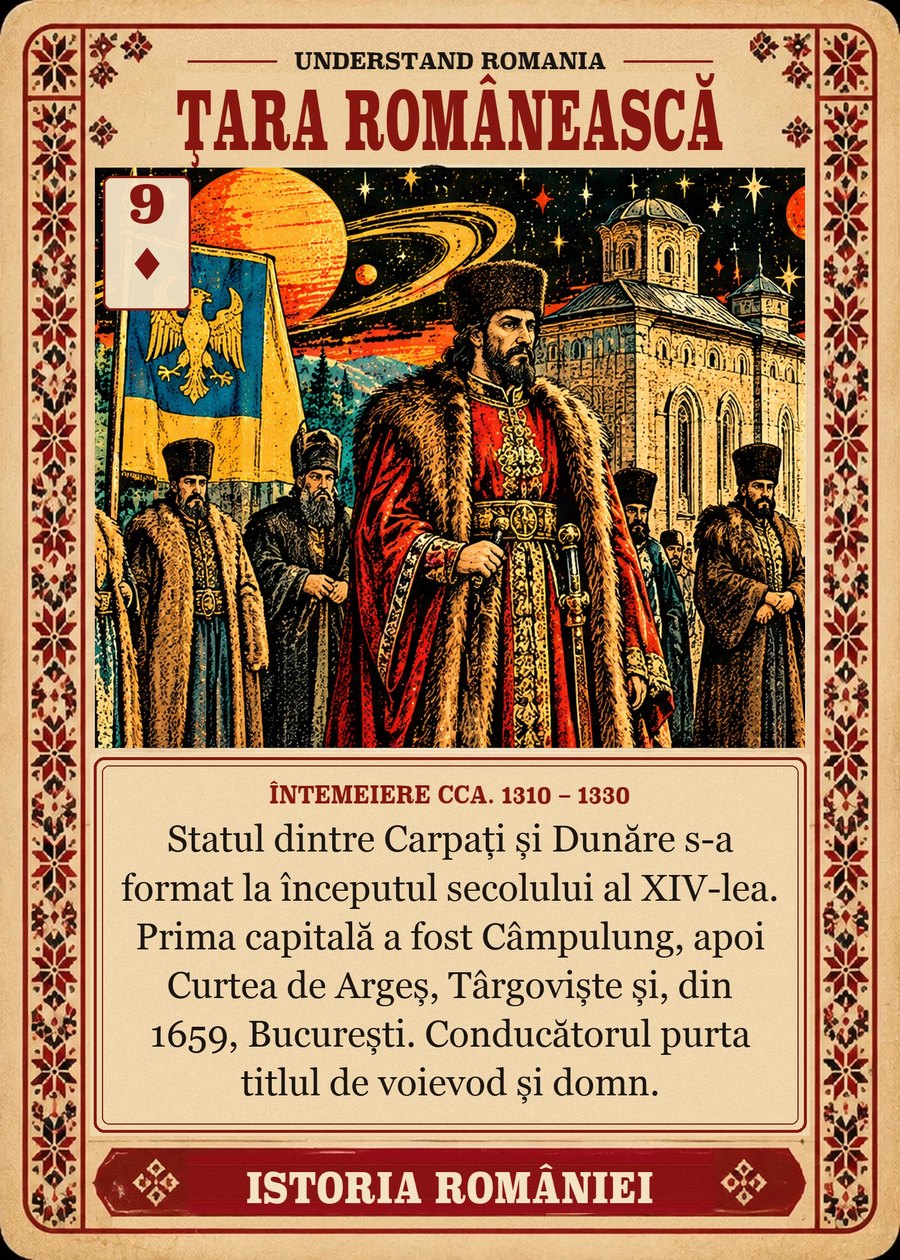 ȚARA ROMÂNEASCĂ — întemeiere cca. 1310 – 1330. Statul dintre Carpați și Dunăre s-a format la începutul secolului al XIV-lea. Prima capitală a fost Câmpulung, apoi Curtea de Argeș, Târgoviște și, din 1659, București. Conducătorul purta titlul de voievod și domn.