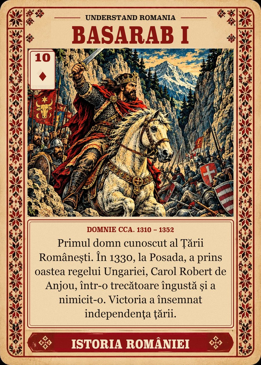 BASARAB I — domnie cca. 1310 – 1352. Primul domn cunoscut al Țării Românești. În 1330, la Posada, a prins oastea regelui Ungariei, Carol Robert de Anjou, într-o trecătoare îngustă și a nimicit-o. Victoria a însemnat independența țării.