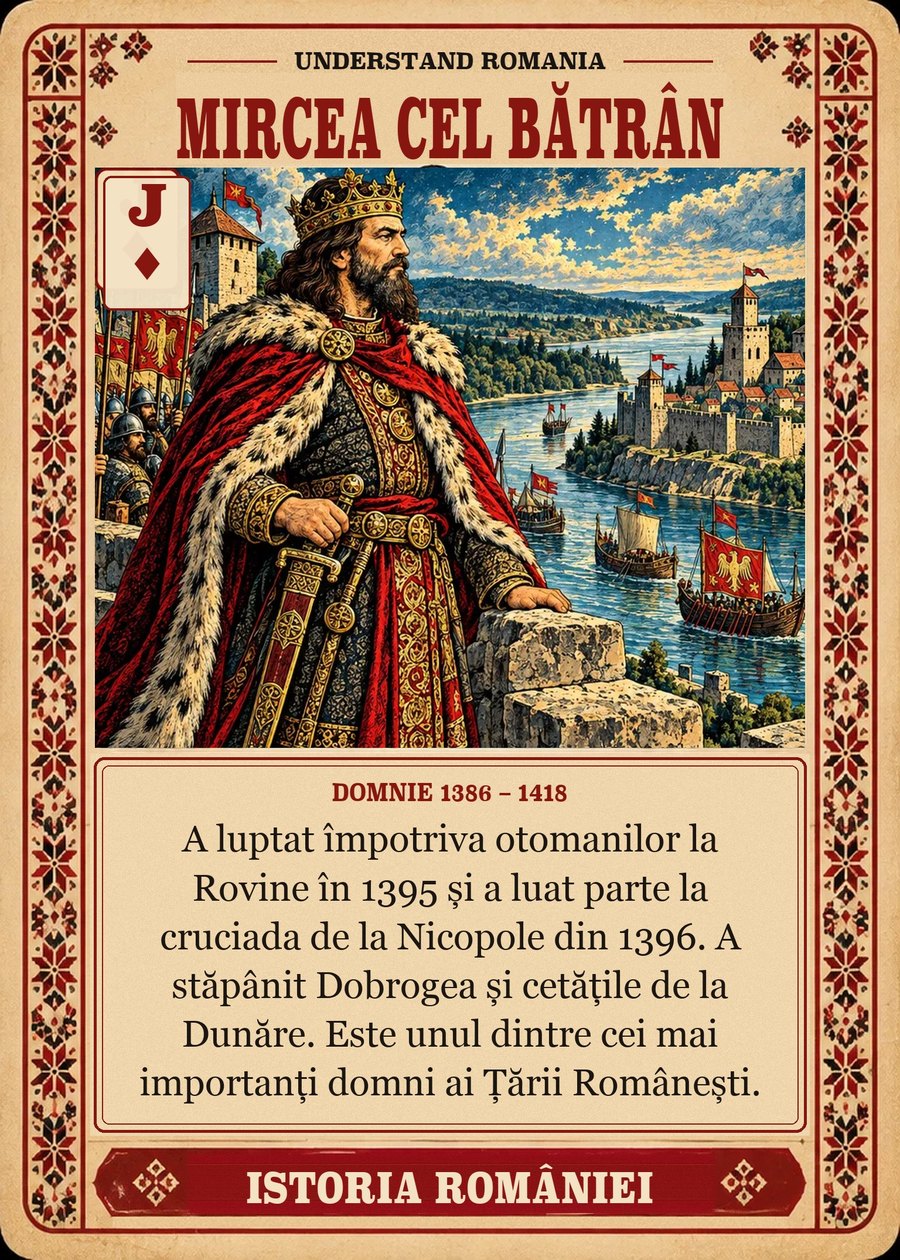 MIRCEA CEL BĂTRÂN — domnie 1386 – 1418. A luptat împotriva otomanilor la Rovine în 1395 și a luat parte la cruciada de la Nicopole din 1396. A stăpânit Dobrogea și cetățile de la Dunăre. Este unul dintre cei mai importanți domni ai Țării Românești.