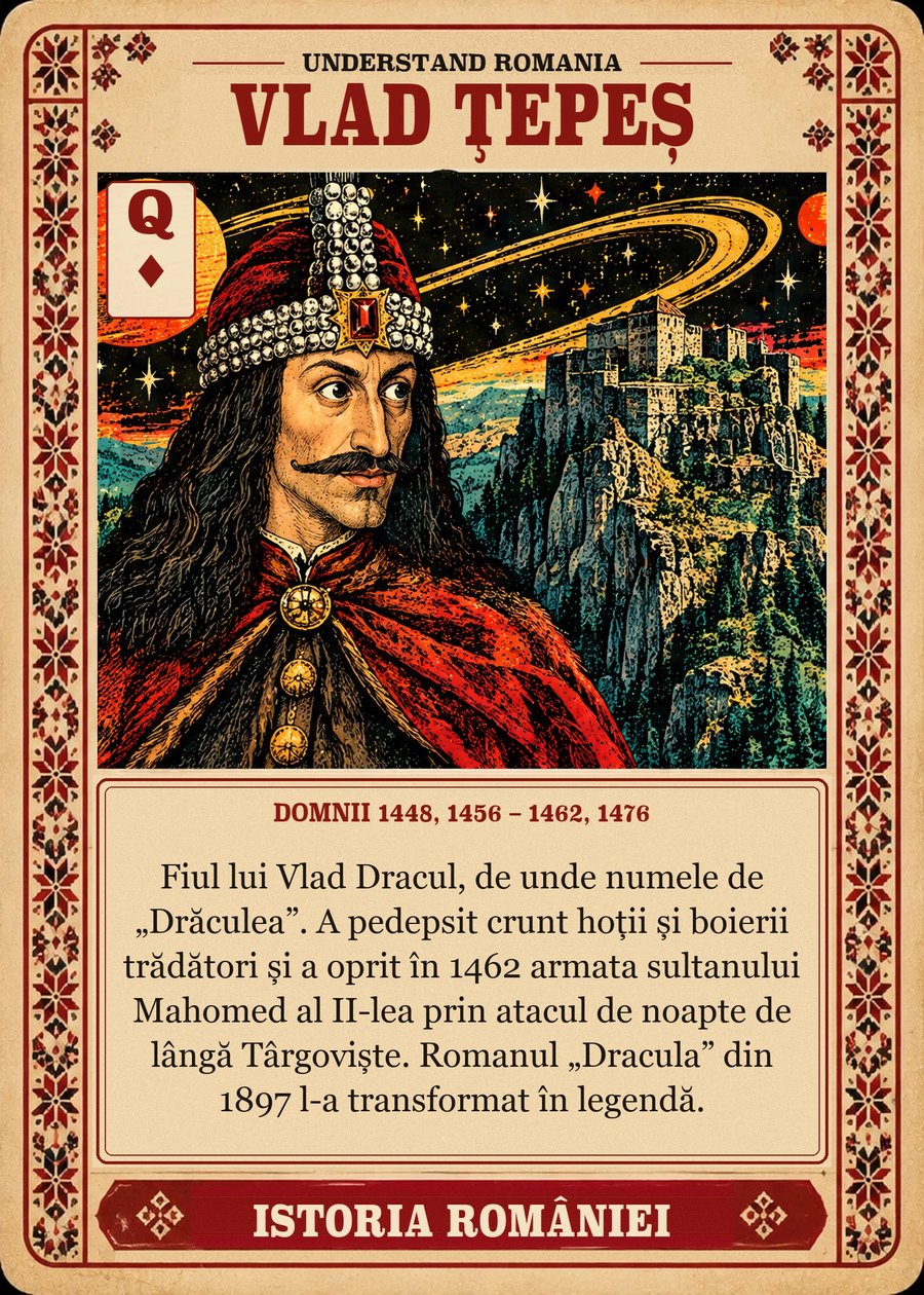 VLAD ȚEPEȘ — domnii 1448, 1456 – 1462, 1476. Fiul lui Vlad Dracul, de unde numele de „Drăculea”. A pedepsit crunt hoții și boierii trădători și a oprit în 1462 armata sultanului Mahomed al II-lea prin atacul de noapte de lângă Târgoviște. Romanul „Dracula” din 1897 l-a transformat în legendă.