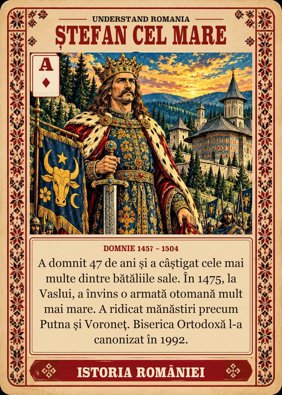 ȘTEFAN CEL MARE — domnie 1457 – 1504. A domnit 47 de ani și a câștigat cele mai multe dintre bătăliile sale. În 1475, la Vaslui, a învins o armată otomană mult mai mare. A ridicat mănăstiri precum Putna și Voroneț. Biserica Ortodoxă l-a canonizat în 1992.
