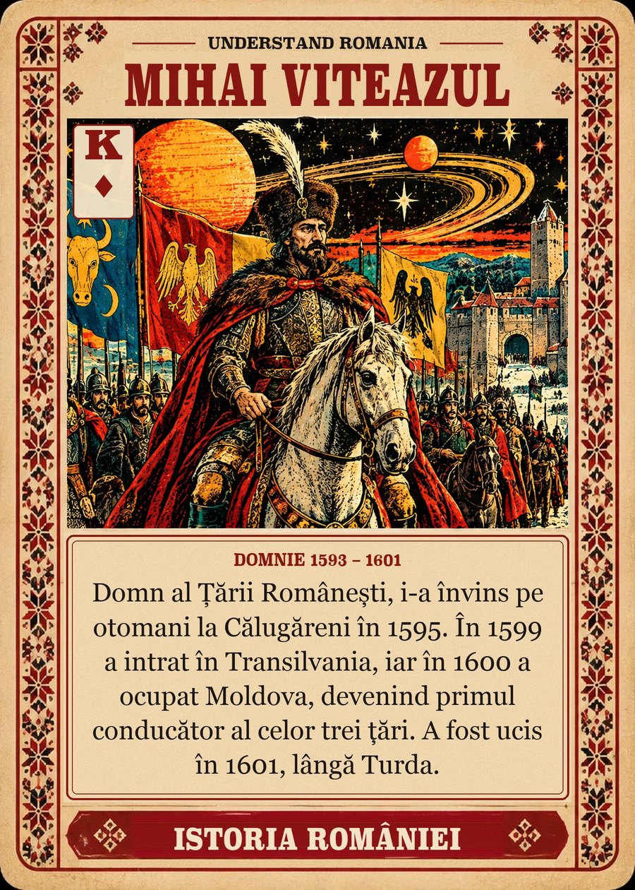 MIHAI VITEAZUL — domnie 1593 – 1601. Domn al Țării Românești, i-a învins pe otomani la Călugăreni în 1595. În 1599 a intrat în Transilvania, iar în 1600 a ocupat Moldova, devenind primul conducător al celor trei țări. A fost ucis în 1601, lângă Turda.