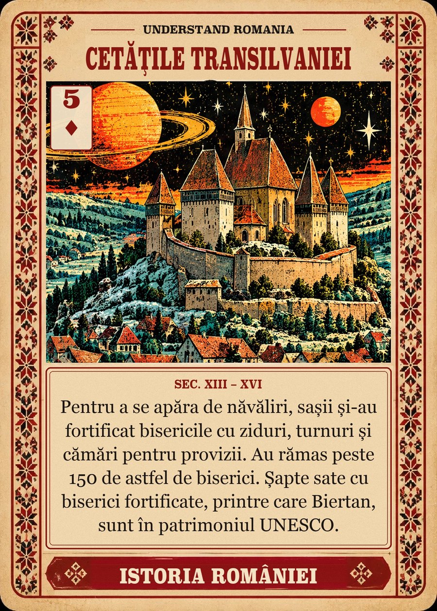 CETĂȚILE TRANSILVANIEI — sec. XIII – XVI. Pentru a se apăra de năvăliri, sașii și-au fortificat bisericile cu ziduri, turnuri și cămări pentru provizii. Au rămas peste 150 de astfel de biserici. Șapte sate cu biserici fortificate, printre care Biertan, sunt în patrimoniul UNESCO.