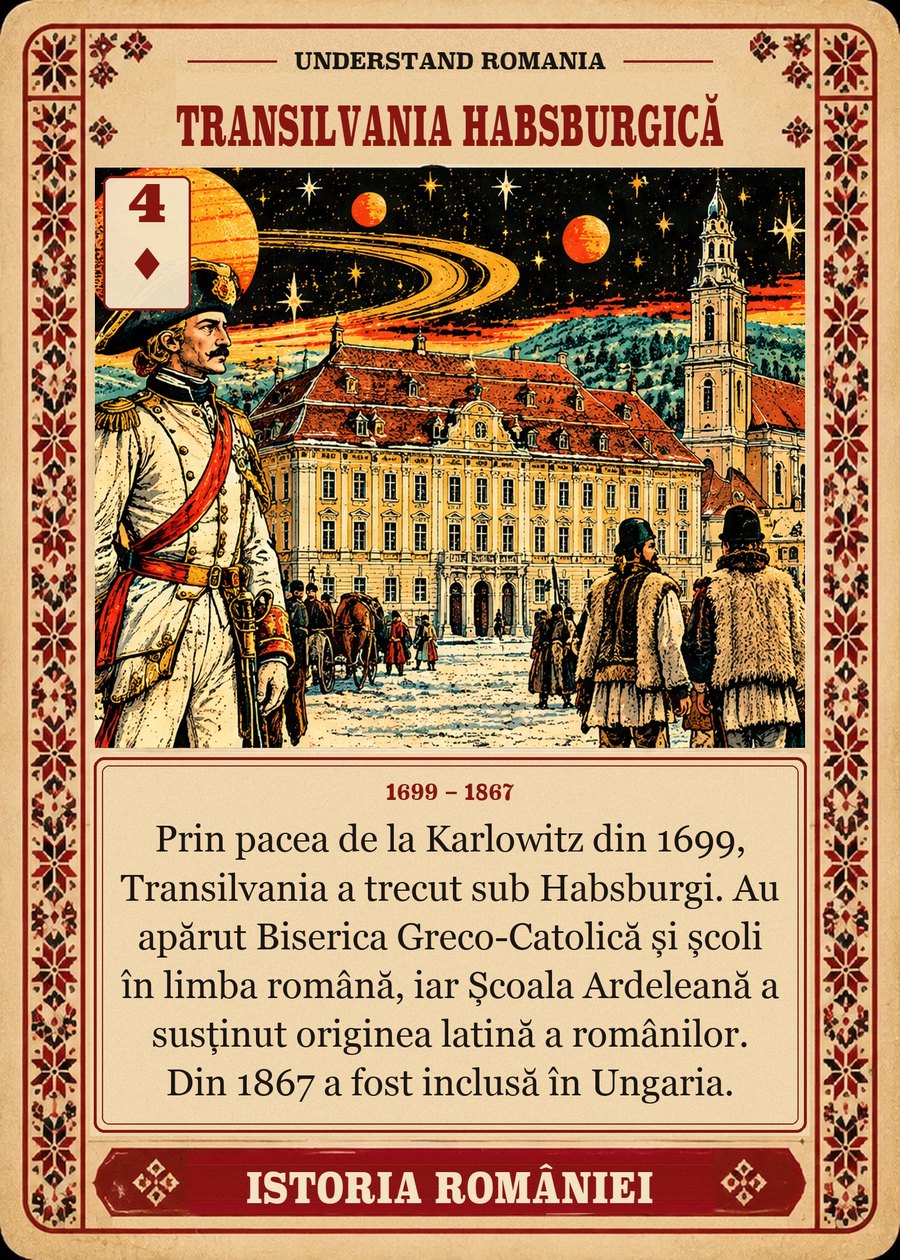 TRANSILVANIA HABSBURGICĂ — 1699 – 1867. Prin pacea de la Karlowitz din 1699, Transilvania a trecut sub Habsburgi. Au apărut Biserica Greco-Catolică și școli în limba română, iar Școala Ardeleană a susținut originea latină a românilor. Din 1867 a fost inclusă în Ungaria.