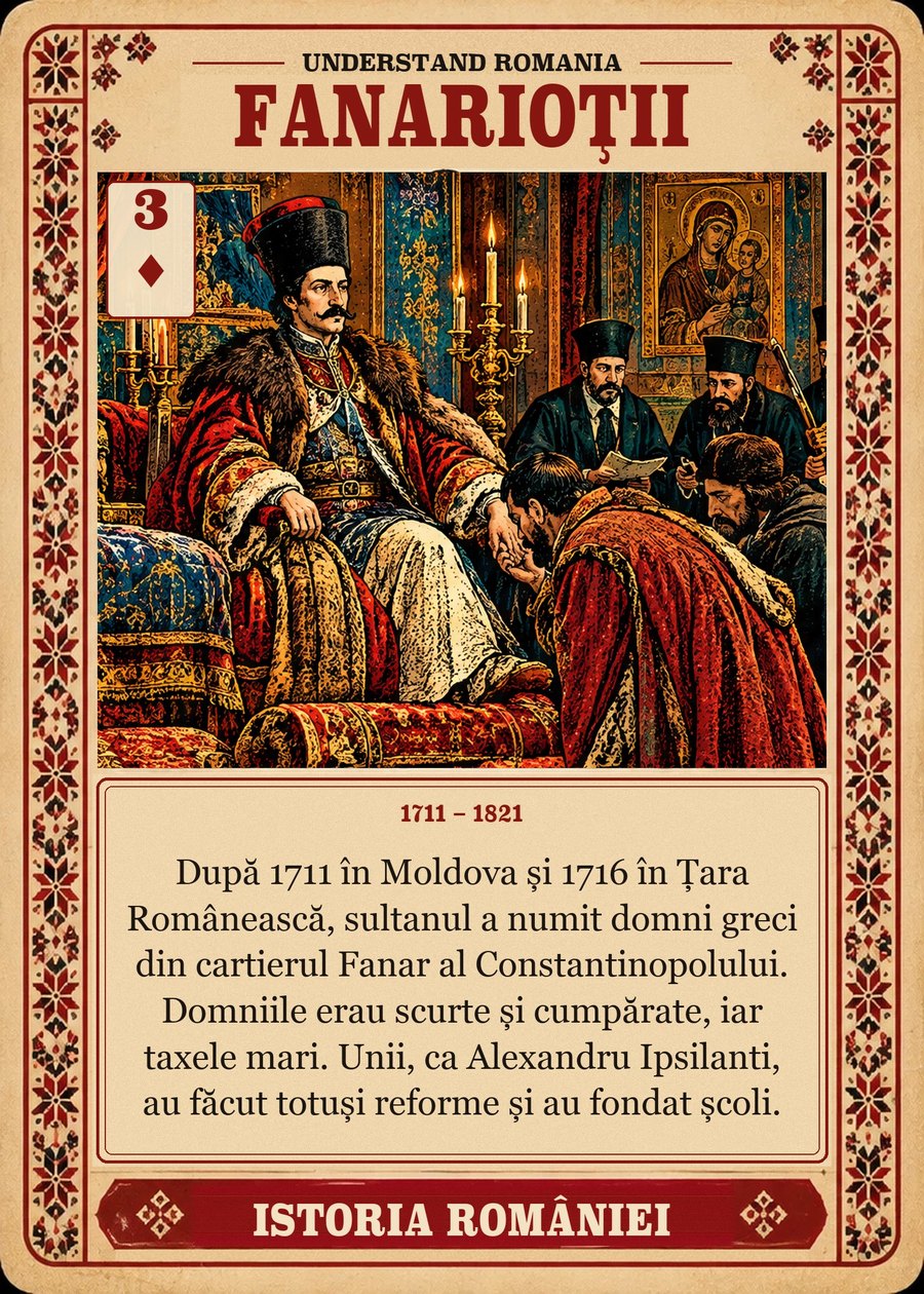 FANARIOȚII — 1711 – 1821. După 1711 în Moldova și 1716 în Țara Românească, sultanul a numit domni greci din cartierul Fanar al Constantinopolului. Domniile erau scurte și cumpărate, iar taxele mari. Unii, ca Alexandru Ipsilanti, au făcut totuși reforme și au fondat școli.