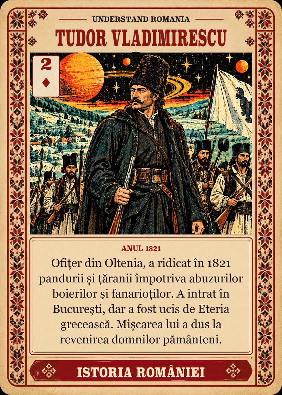 TUDOR VLADIMIRESCU — anul 1821. Ofițer din Oltenia, a ridicat în 1821 pandurii și țăranii împotriva abuzurilor boierilor și fanarioților. A intrat în București, dar a fost ucis de Eteria grecească. Mișcarea lui a dus la revenirea domnilor pământeni.