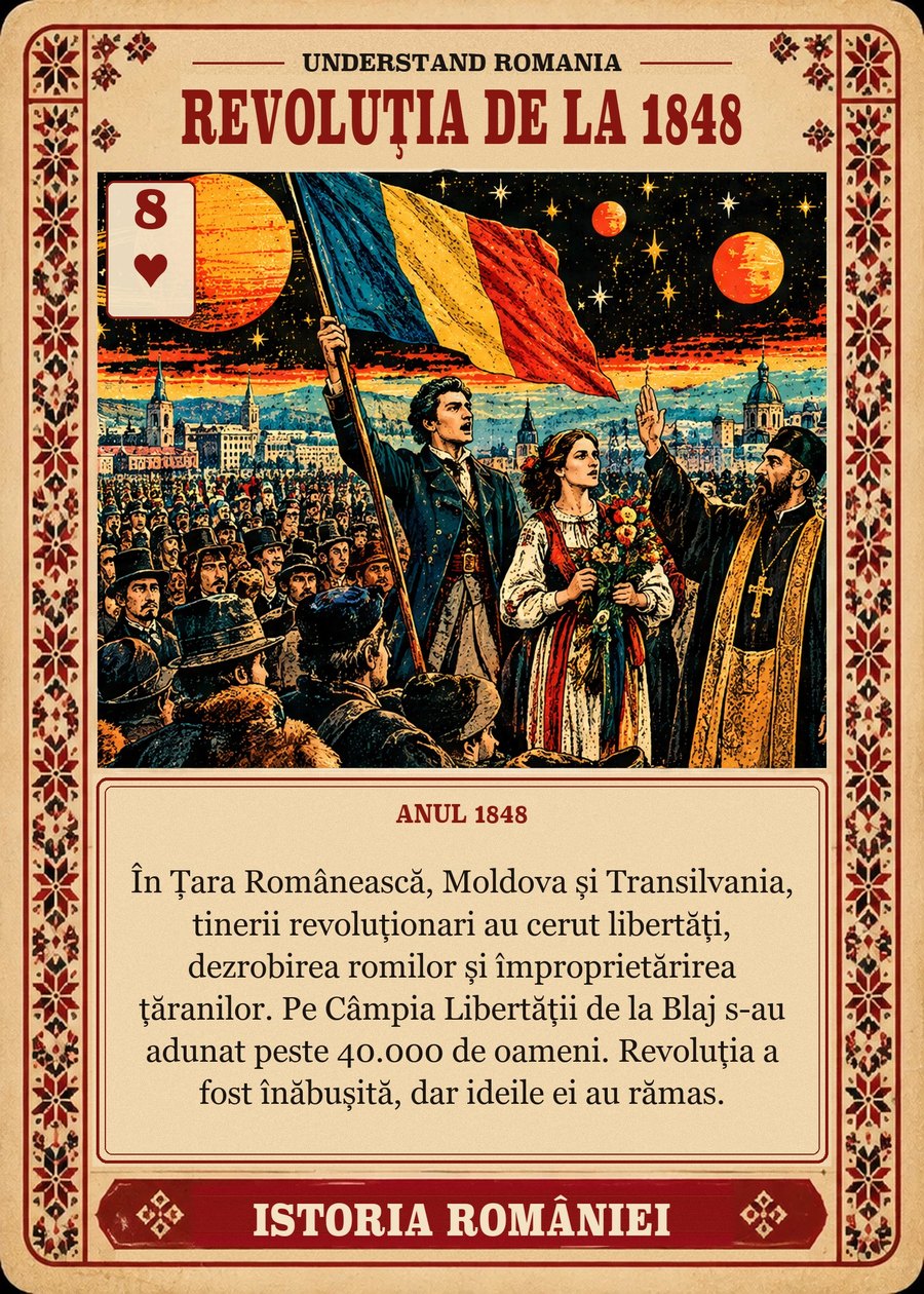 REVOLUȚIA DE LA 1848 — anul 1848. În Țara Românească, Moldova și Transilvania, tinerii revoluționari au cerut libertăți, dezrobirea romilor și împroprietărirea țăranilor. Pe Câmpia Libertății de la Blaj s-au adunat peste 40.000 de oameni. Revoluția a fost înăbușită, dar ideile ei au rămas.