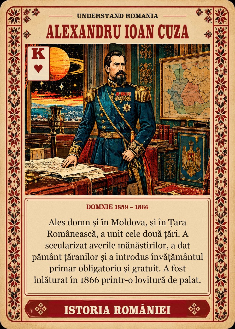 ALEXANDRU IOAN CUZA — domnie 1859 – 1866. Ales domn și în Moldova, și în Țara Românească, a unit cele două țări. A secularizat averile mănăstirilor, a dat pământ țăranilor și a introdus învățământul primar obligatoriu și gratuit. A fost înlăturat în 1866 printr-o lovitură de palat.