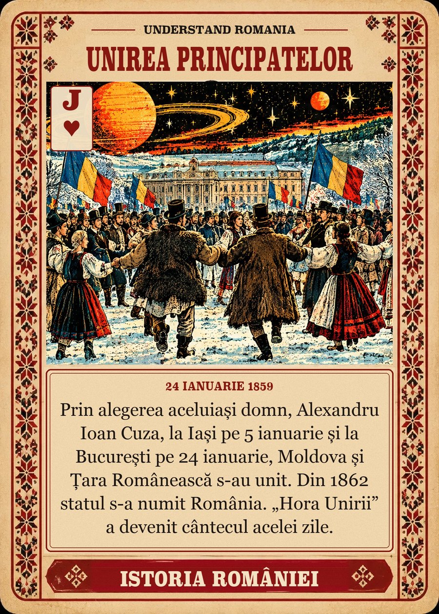 UNIREA PRINCIPATELOR — 24 ianuarie 1859. Prin alegerea aceluiași domn, Alexandru Ioan Cuza, la Iași pe 5 ianuarie și la București pe 24 ianuarie, Moldova și Țara Românească s-au unit. Din 1862 statul s-a numit România. „Hora Unirii” a devenit cântecul acelei zile.
