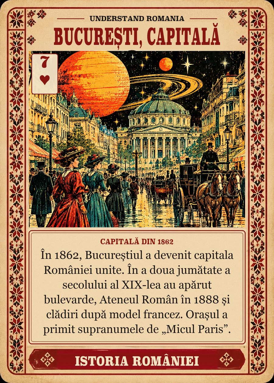 BUCUREȘTI, CAPITALĂ — capitală din 1862. În 1862, Bucureștiul a devenit capitala României unite. În a doua jumătate a secolului al XIX-lea au apărut bulevarde, Ateneul Român în 1888 și clădiri după model francez. Orașul a primit supranumele de „Micul Paris”.