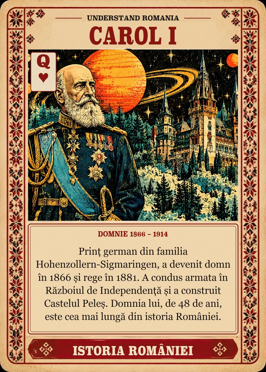 CAROL I — domnie 1866 – 1914. Prinț german din familia Hohenzollern-Sigmaringen, a devenit domn în 1866 și rege în 1881. A condus armata în Războiul de Independență și a construit Castelul Peleș. Domnia lui, de 48 de ani, este cea mai lungă din istoria României.