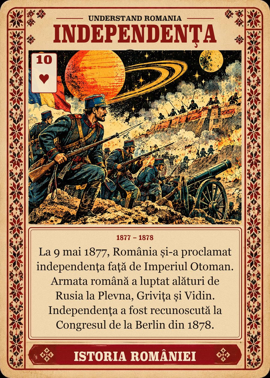 INDEPENDENȚA — 1877 – 1878. La 9 mai 1877, România și-a proclamat independența față de Imperiul Otoman. Armata română a luptat alături de Rusia la Plevna, Grivița și Vidin. Independența a fost recunoscută la Congresul de la Berlin din 1878.