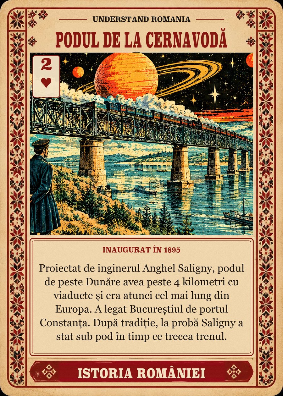 PODUL DE LA CERNAVODĂ — inaugurat în 1895. Proiectat de inginerul Anghel Saligny, podul de peste Dunăre avea peste 4 kilometri cu viaducte și era atunci cel mai lung din Europa. A legat Bucureștiul de portul Constanța. După tradiție, la probă Saligny a stat sub pod în timp ce trecea trenul.