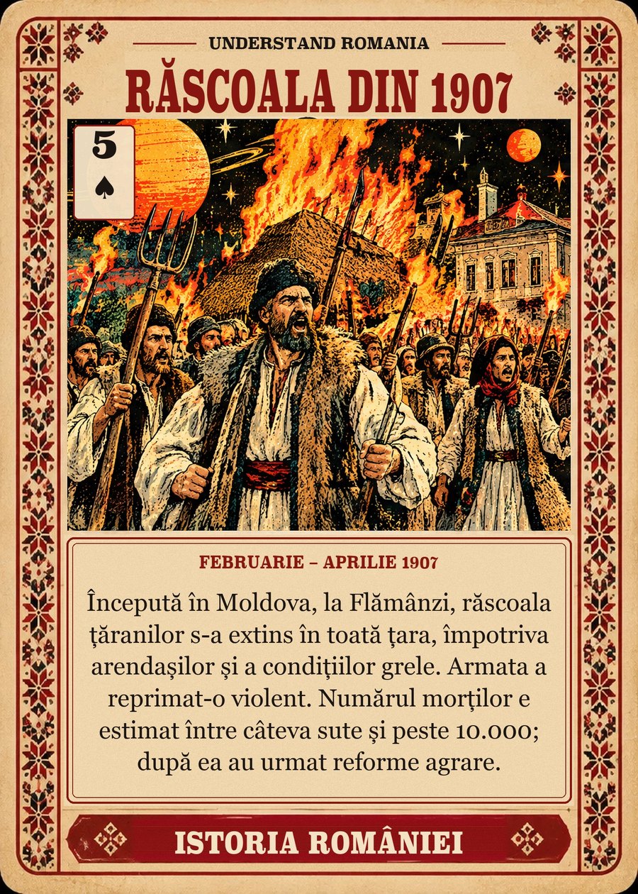 RĂSCOALA DIN 1907 — februarie – aprilie 1907. Începută în Moldova, la Flămânzi, răscoala țăranilor s-a extins în toată țara, împotriva arendașilor și a condițiilor grele. Armata a reprimat-o violent. Numărul morților e estimat între câteva sute și peste 10.000; după ea au urmat reforme agrare.