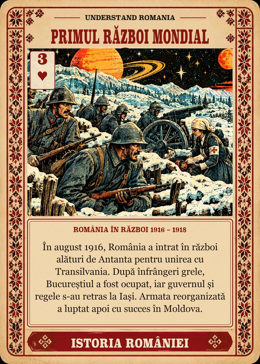 PRIMUL RĂZBOI MONDIAL — România în război 1916 – 1918. În august 1916, România a intrat în război alături de Antanta pentru unirea cu Transilvania. După înfrângeri grele, Bucureștiul a fost ocupat, iar guvernul și regele s-au retras la Iași. Armata reorganizată a luptat apoi cu succes în Moldova.