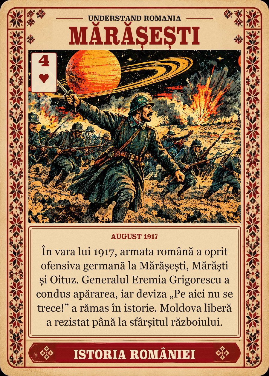 MĂRĂȘEȘTI — august 1917. În vara lui 1917, armata română a oprit ofensiva germană la Mărășești, Mărăști și Oituz. Generalul Eremia Grigorescu a condus apărarea, iar deviza „Pe aici nu se trece!” a rămas în istorie. Moldova liberă a rezistat până la sfârșitul războiului.
