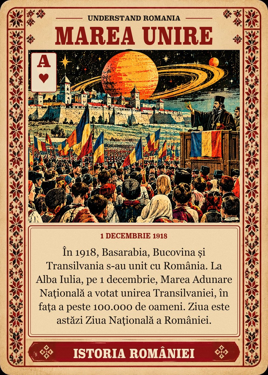 MAREA UNIRE — 1 decembrie 1918. În 1918, Basarabia, Bucovina și Transilvania s-au unit cu România. La Alba Iulia, pe 1 decembrie, Marea Adunare Națională a votat unirea Transilvaniei, în fața a peste 100.000 de oameni. Ziua este astăzi Ziua Națională a României.
