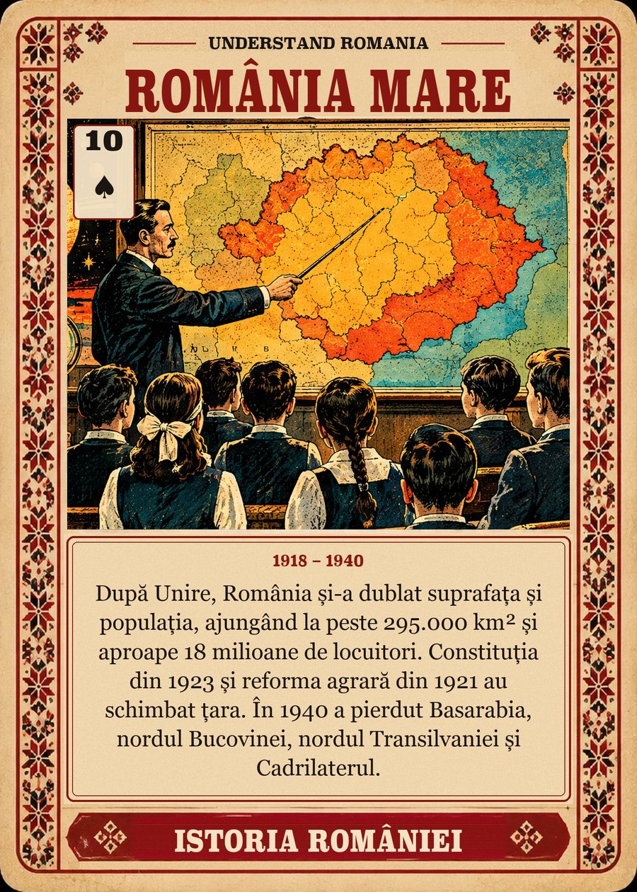 ROMÂNIA MARE — 1918 – 1940. După Unire, România și-a dublat suprafața și populația, ajungând la peste 295.000 km² și aproape 18 milioane de locuitori. Constituția din 1923 și reforma agrară din 1921 au schimbat țara. În 1940 a pierdut Basarabia, nordul Bucovinei, nordul Transilvaniei și Cadrilaterul.