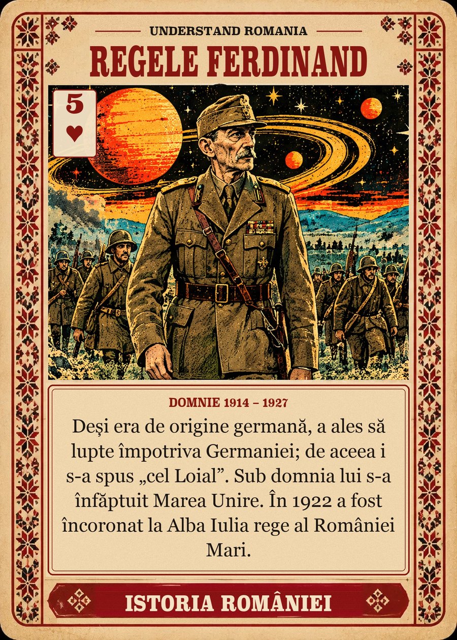 REGELE FERDINAND — domnie 1914 – 1927. Deși era de origine germană, a ales să lupte împotriva Germaniei; de aceea i s-a spus „cel Loial”. Sub domnia lui s-a înfăptuit Marea Unire. În 1922 a fost încoronat la Alba Iulia rege al României Mari.