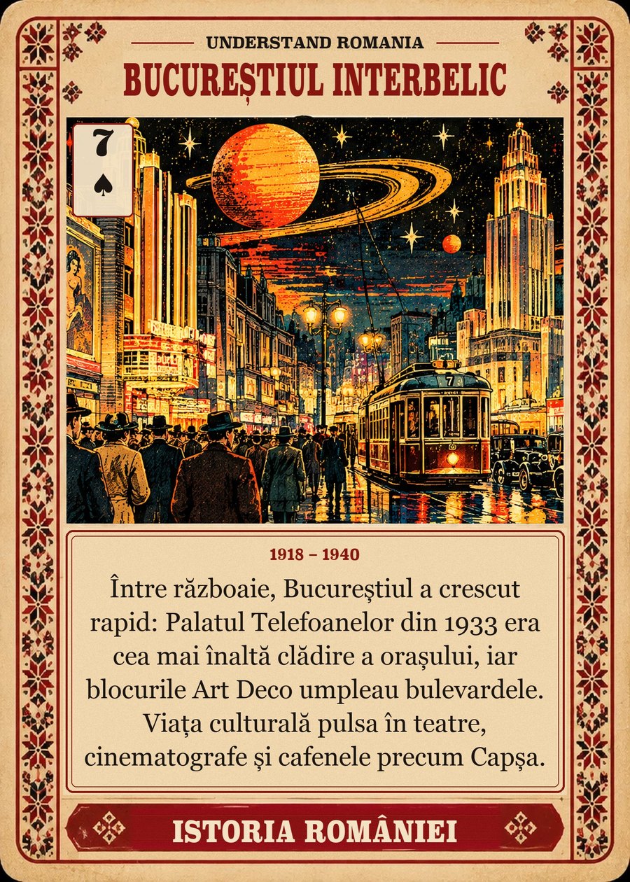 BUCUREȘTIUL INTERBELIC — 1918 – 1940. Între războaie, Bucureștiul a crescut rapid: Palatul Telefoanelor din 1933 era cea mai înaltă clădire a orașului, iar blocurile Art Deco umpleau bulevardele. Viața culturală pulsa în teatre, cinematografe și cafenele precum Capșa.