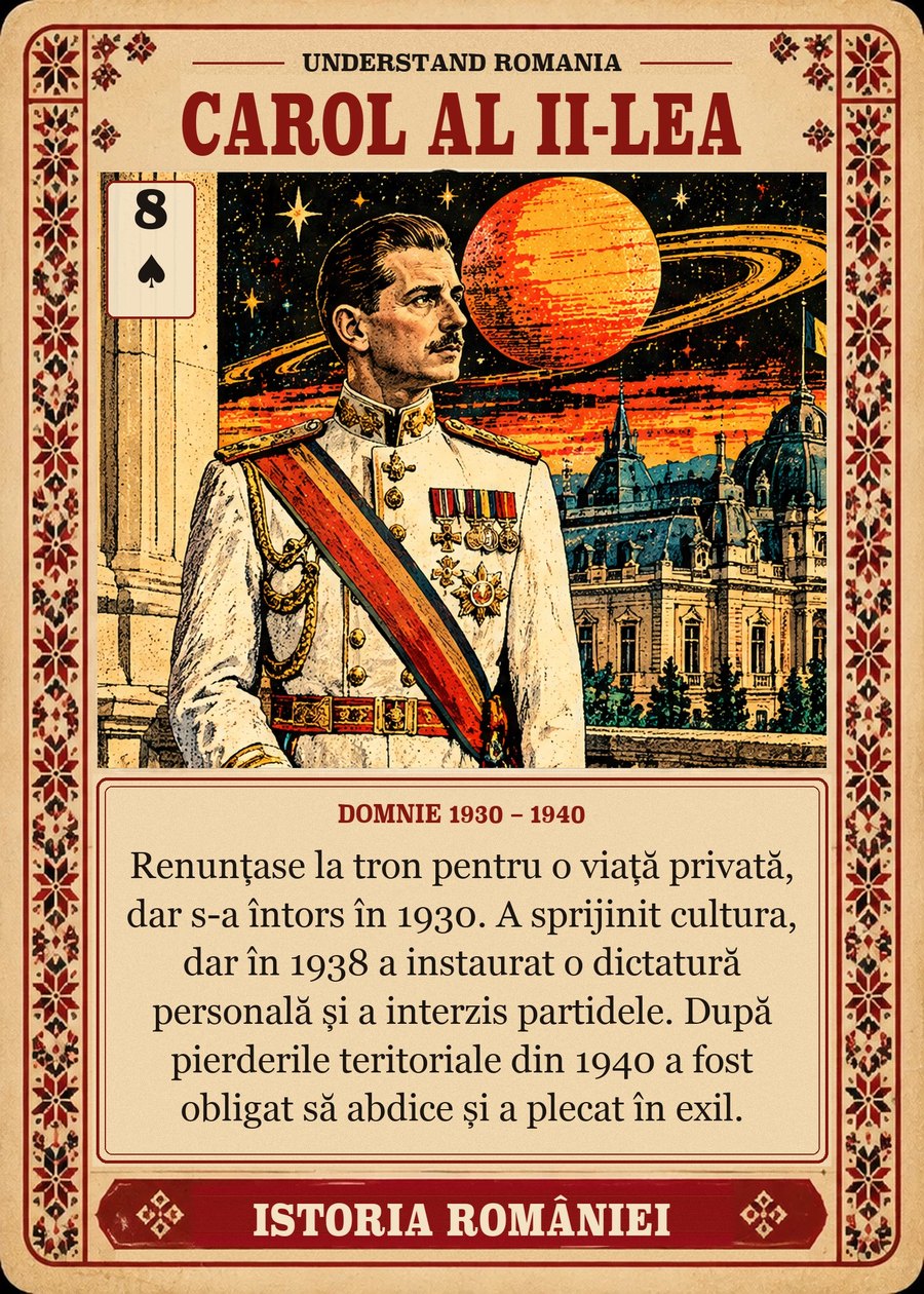 CAROL AL II-LEA — domnie 1930 – 1940. Renunțase la tron pentru o viață privată, dar s-a întors în 1930. A sprijinit cultura, dar în 1938 a instaurat o dictatură personală și a interzis partidele. După pierderile teritoriale din 1940 a fost obligat să abdice și a plecat în exil.